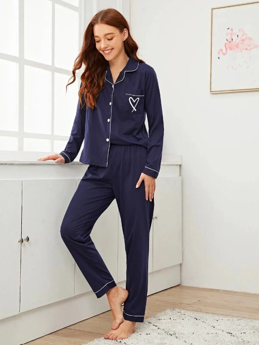 Heart Contrast Silk Night Set