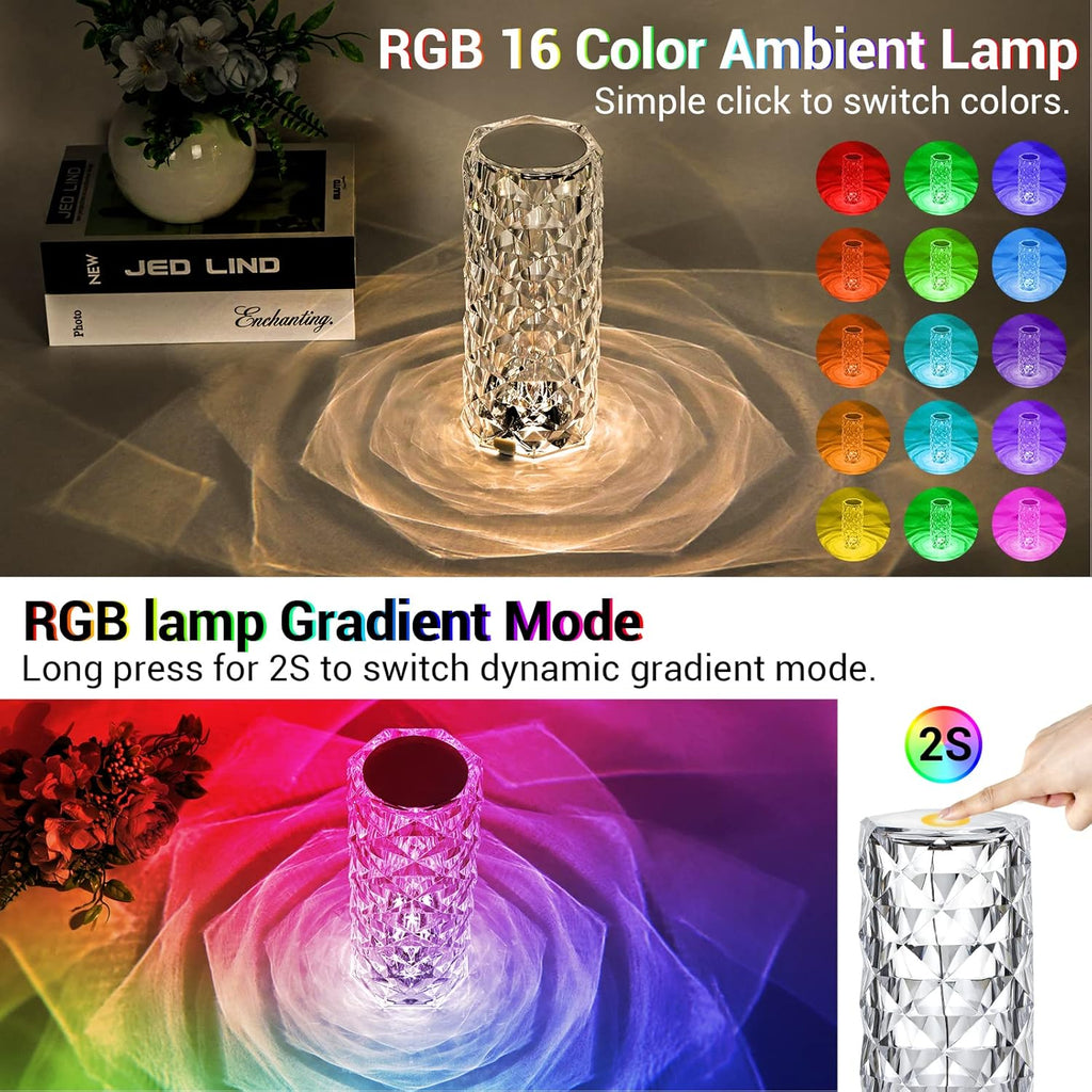 Touch Crystal Table Lamp with 16 Colors RGB Night Light USB & Remote Control