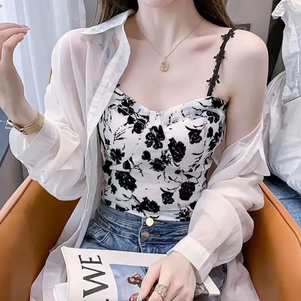Floral Corset Bustier Crop Top - Off Shoulder Slim Fit Strappy Tank